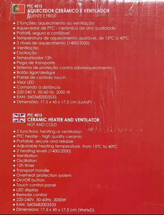 Aquecedor e Ventilador Térmico - Quente e Frio