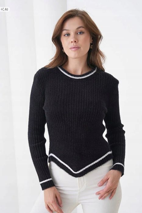 Czarny pleciony sweter z białymi lamówkami elegancki 5ia