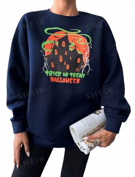 Bluza damska granatowa z printem trick or treat oversize halloween s