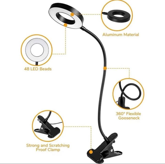 Настільна кільцева LED лампа на затискачу, 5W, white