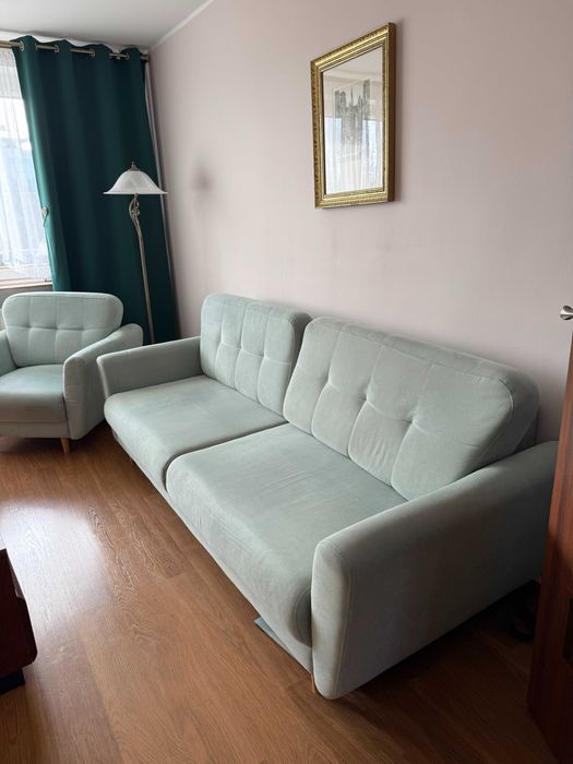 Kanapa + Fotel zielona/ miętowa z funkcją spania