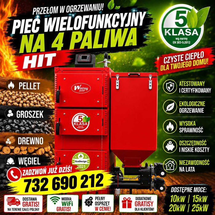piec piece 4w1 pellet groszek drewno węgiel 10kw 60-100m2 HIT GRATIS