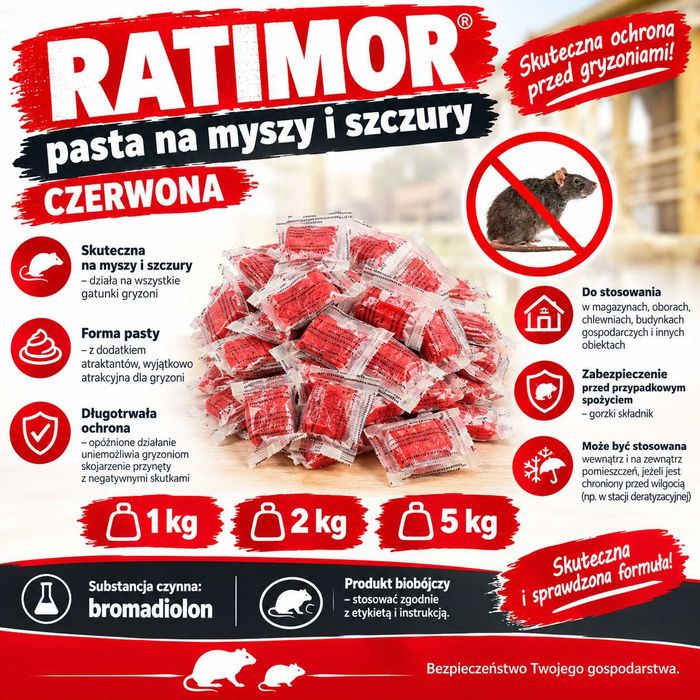 TRUTKA RATIMOR PASTA trucizna na myszy szczury CZERWONA 5 kg
