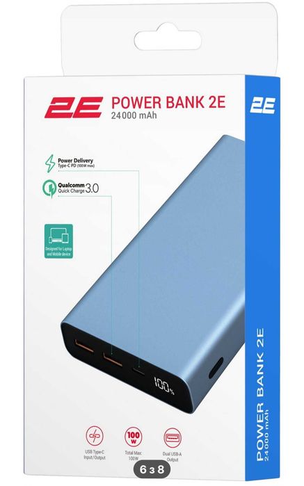Павербанк для ноутбуку 2E 24000mAh (2E-PB2502-STEEL) потужністю 100 Вт у синьому металевому корпусі.