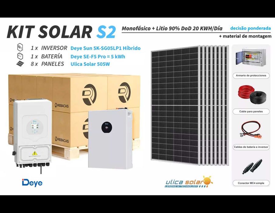 Kit solar S2 com bateria de lítio Deye SE-G5.1 Pro-B de 5,12 kWh