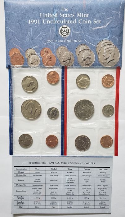 Річний набір монет США 1991 року, 10 монет, анциркулейтед