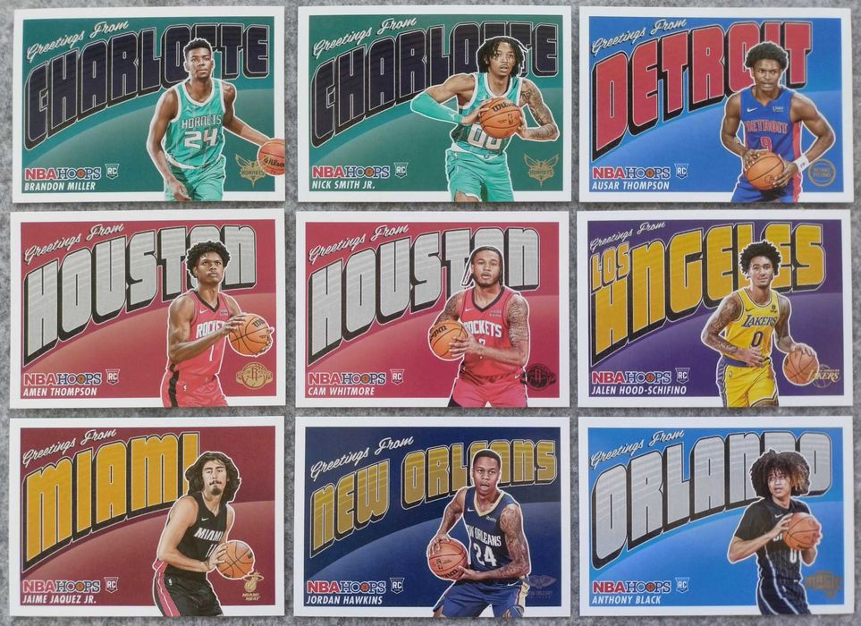 15 kart NBA 2023-24 Hoops Rookie Greetings Thompson George Jaquez