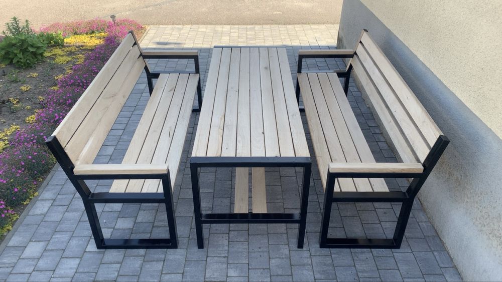 Nowoczesne dębowe meble ogrodowe Loft / Stół + 2 Ławki/ Zestaw ogród