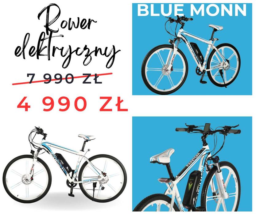 Rower elektryczny MTB biało niebieski 14Ah, bateria LG, napęd Shimano