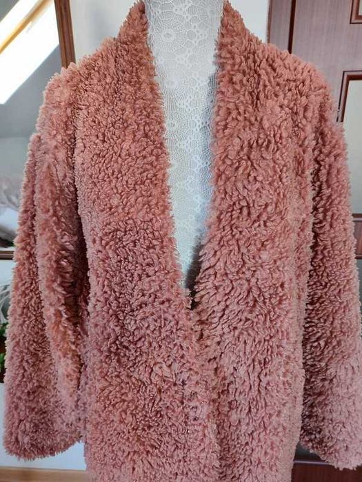 Płaszcz płaszczyk Zara oversize 38 M miś Teddy różowy róż misiek