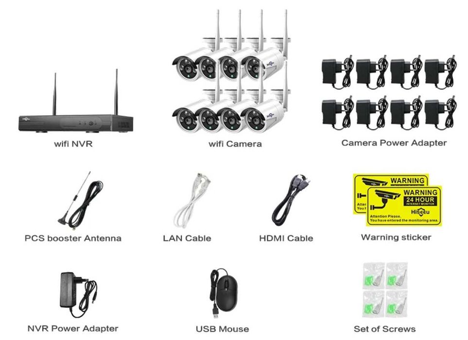 Wi-FI video vigilância kit Cctv 1536p Hiseeu 8CH 8 câmaras + NVR app