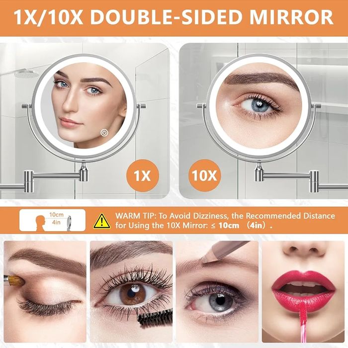 Auxmir Lustro powiększające Ścienne x10, Lusterko ścienne LED z 3 tryb
