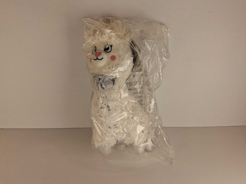 B076 Biała Alpaka Lama Pluszowa Maskotka Brokat Srebrna Nowa