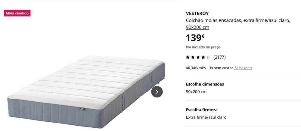 Cama 90x200 IKEA - Modelo SLATTUM cinza claro + Colchao