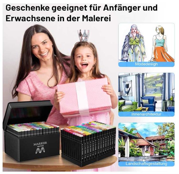 Zestaw 140 markerów permanentnych z podwójną końcówką i etui AOMEES