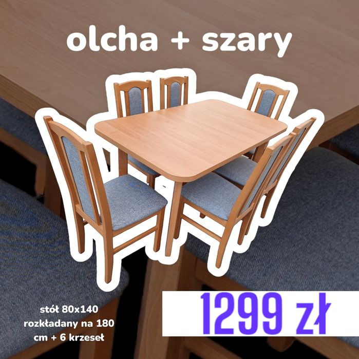 OD RĘKI , Stół rozkładany + 6 krzeseł , olcha + brąz , NOWE