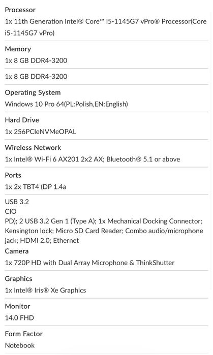 Sprzedam laptop Lenovo ThinkPad T14 Gen 2, Intel Core i5