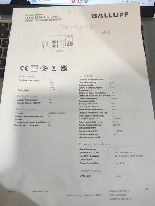 Sensor indutivo 8mm pnp 24vdc BALLUFF