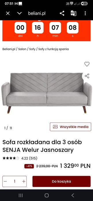 Sofa kanapa rozkładana welur jasnoszara