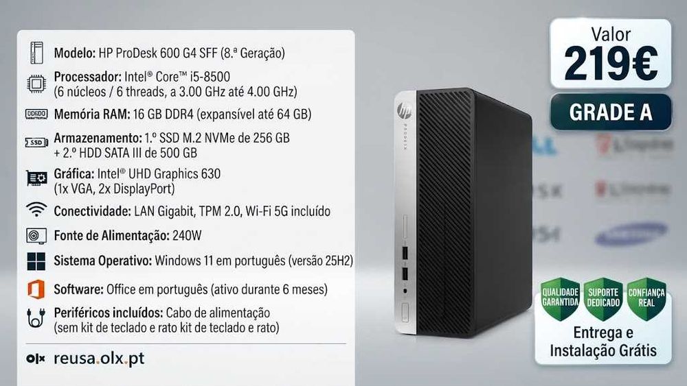 Desktop HP 600 G4 SFF 8ªG | i5-8500 | 16GB DDR4 | NVMe 256GB + HDD 500GB | WiFi | W11
