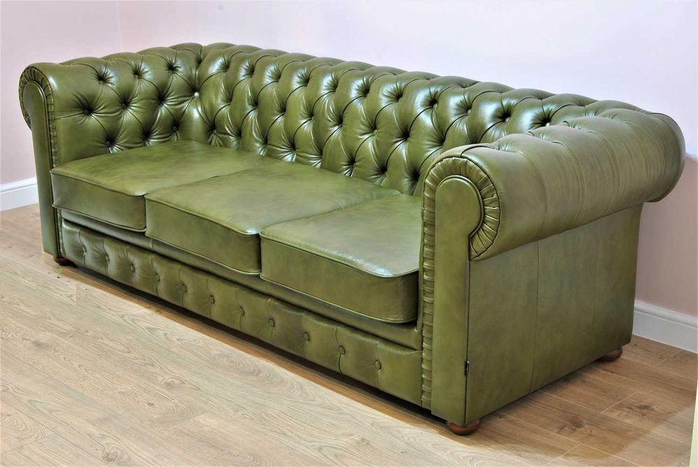 Sofa pikowana skórzana z funkcją spania 3 osobowa plisowane boki