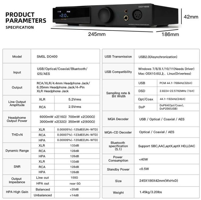 ЦАП DAC SMSL DO400 ES9039MSPro BT DSD Hi-End з підсилювачем навушників