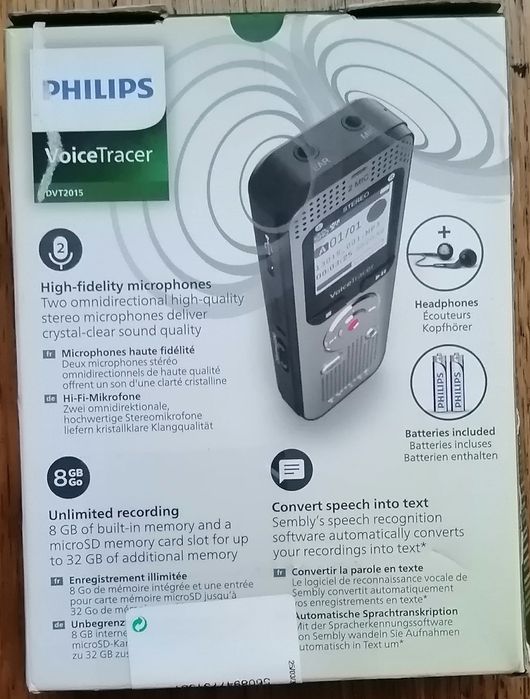 Gravador de voz digital Philips DVT2015- novo, 3 anos de garantia