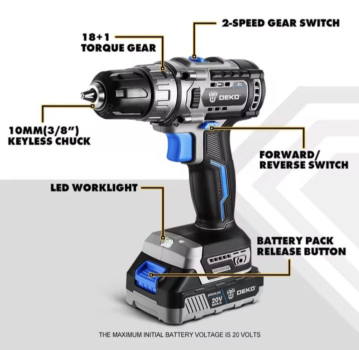 Aparafusadora deko 2 baterias 20v (Nova)