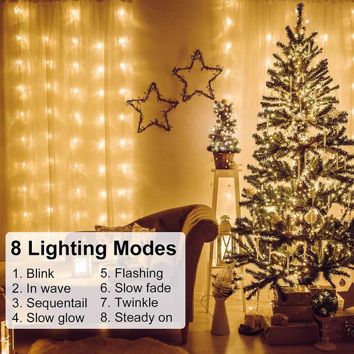 Luzes de cortina 3 m x 3 m, 300 LED, com controlo 8 modos