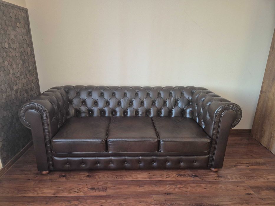 Pikowana Sofa Chesterfield Naturalna Skóra 3 os.