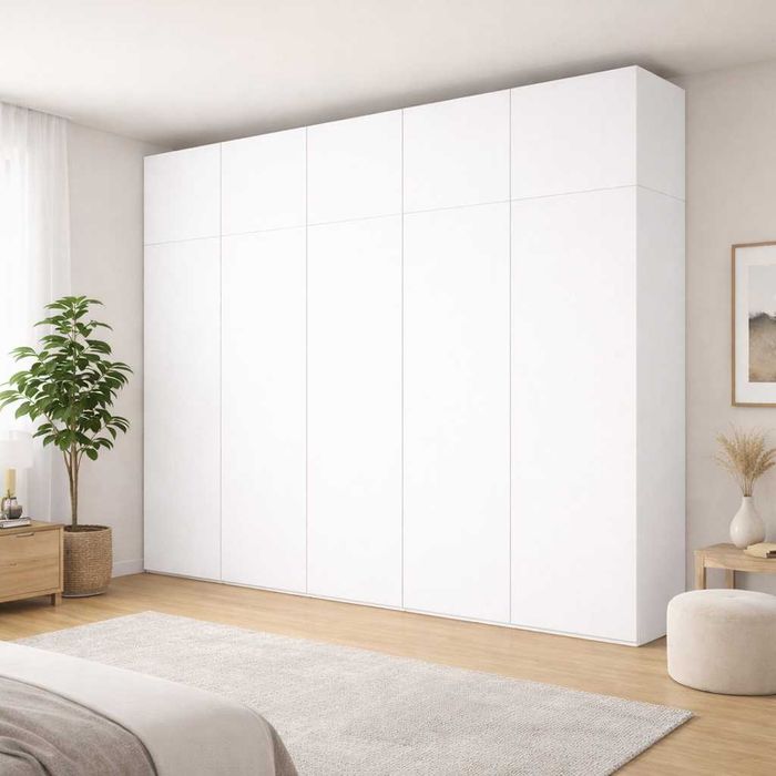 Wysoka szeroka szafa uchylna biała 10 drzwi klick klack bez uchwytów do sypialni przedpokoju szer 300 wys 245 gł 50 cm bardzo pojemna półki drążki