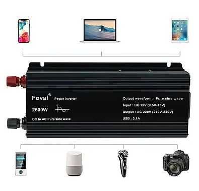Інвертор Foval 12V-220V 2600W Інвектор Для дому котла ЧИСТИЙ СИНУС