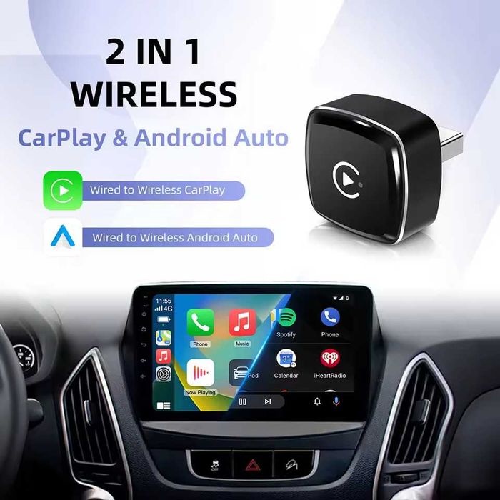 Anyfar Adaptador 2 em 1 Wireless CarPlay e Android Auto 2026 – USB Plug & Play WiFi 5.8GHz NOVO