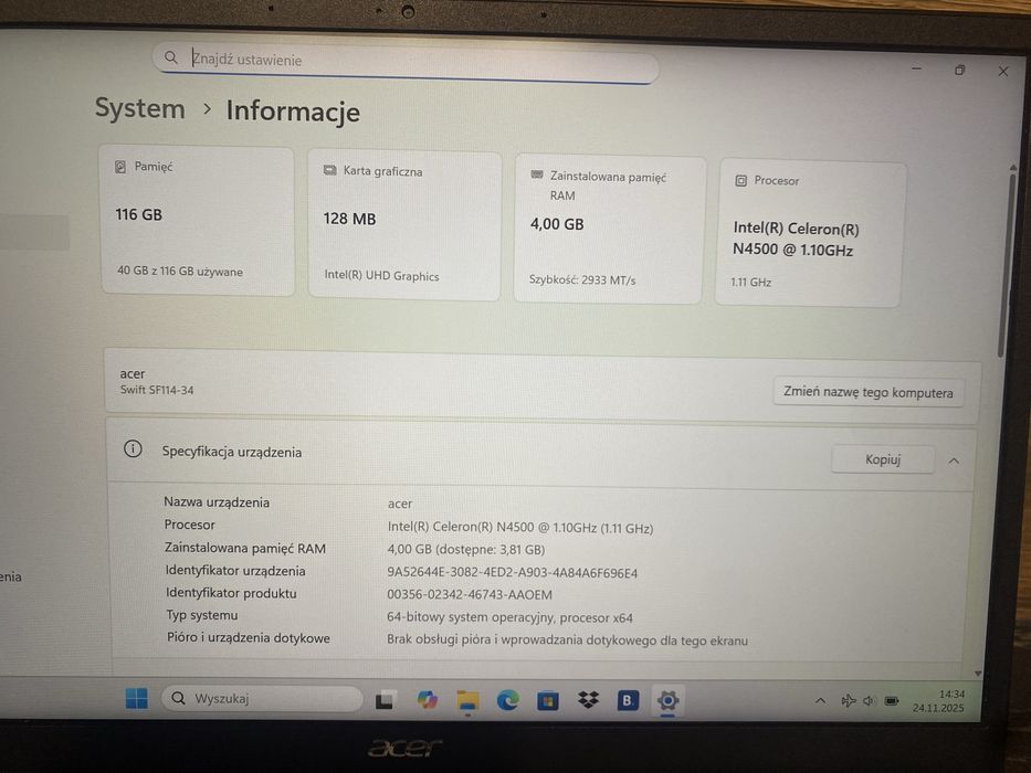 Laptop Acer Swift 1 (SF114-34)