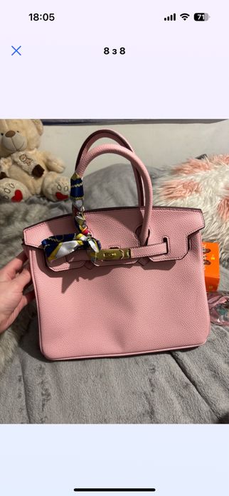 Жіноча сумка рожева в стилі Birkin з хусткою та ремінцем