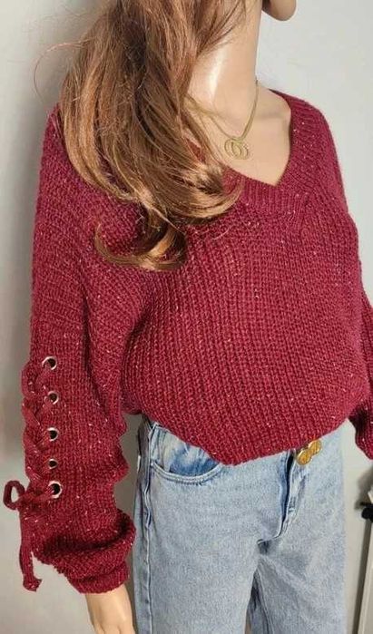Sweter bordowy bordo burgundowy 4XL 48 dekolt serek basic plus size