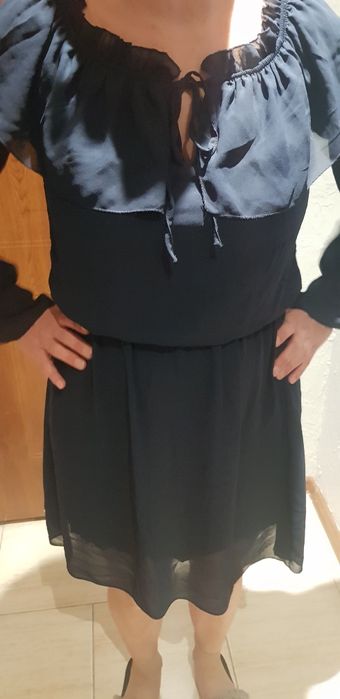 Sukienka granat ramiona gumka elegancka zwiewna