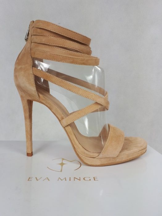 Ekskluzywne sandały EVA MINGE cieliste nude rzemyki szpilki skóra 40