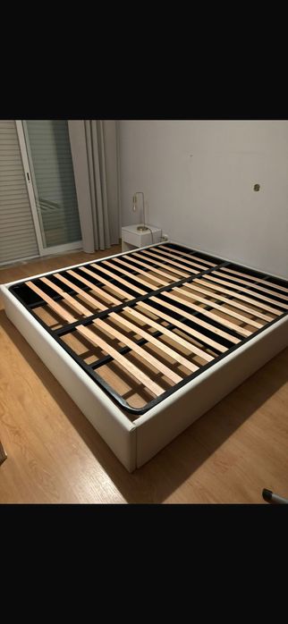 White Fabric Bed Base + Slatted Frame 180 x 200