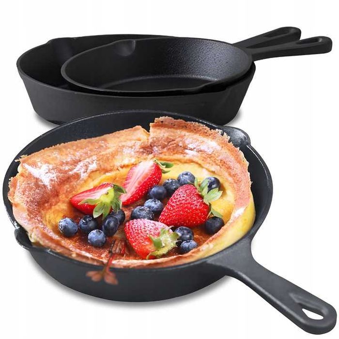 3x Patelnia Żeliwna Głęboka Xxl Zestaw Patelni Indukcja Gaz Naleśników