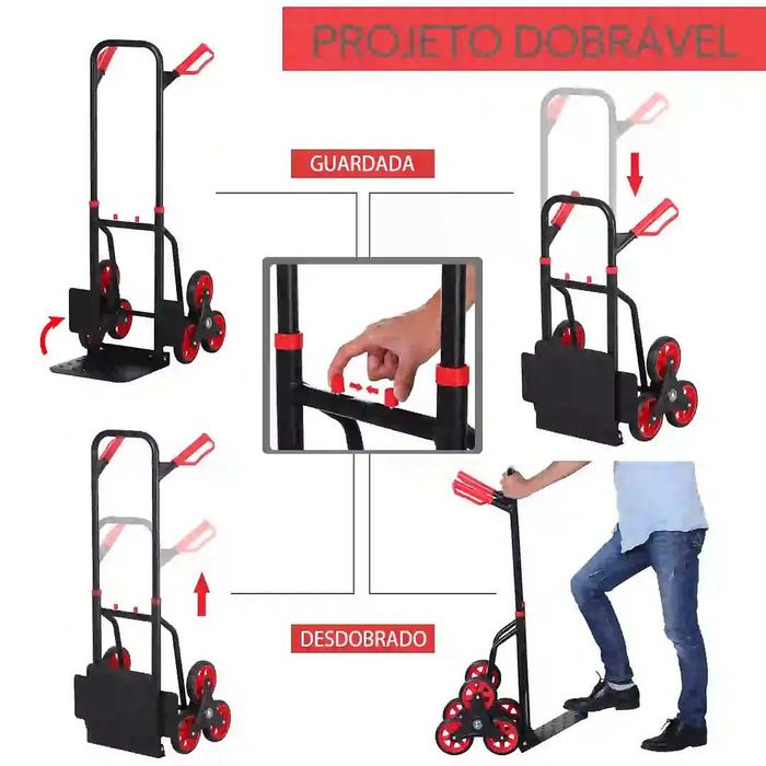 Carrinho de mão de escada dobrável portátil carga 120 kg 60x45x109cm