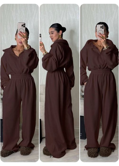 Трендовий флісовий комбінезон шоколадний костюм на блискавці палаццо