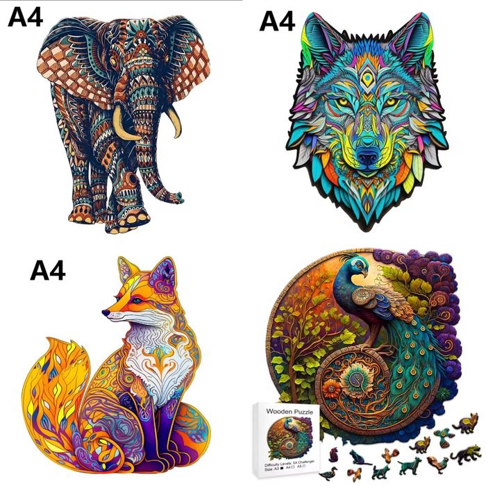 Пазл дерев'яний формат А4-5 Слон Вовк Лисиця Павлін