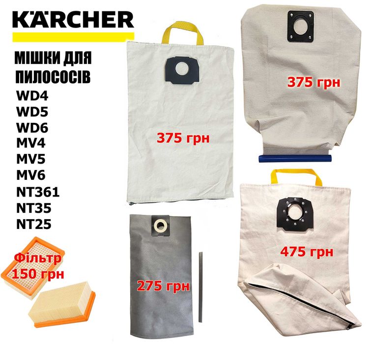 Мішки для пилососа Karcher WD4, WD5, WD6, MV4, MV5, NT361