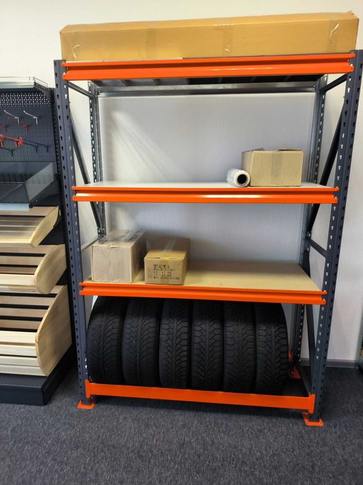 Стелажі металеві підсилені з полицями. Збірно розбірні. Для шин, коліс
