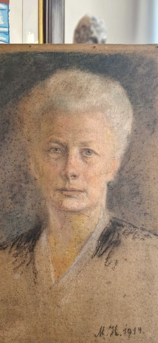 Przedwojenny portret obraz pastel aukcyjny sygnowany M.H. 1914 antyk