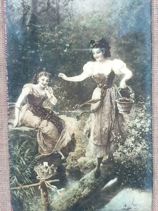 Lindo antigo Cristóleo  "2 Meninas ao pé do rio"