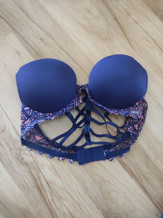 Granatowo różowy stanik biustonosz koronka ozdobne plecy 70B/65C