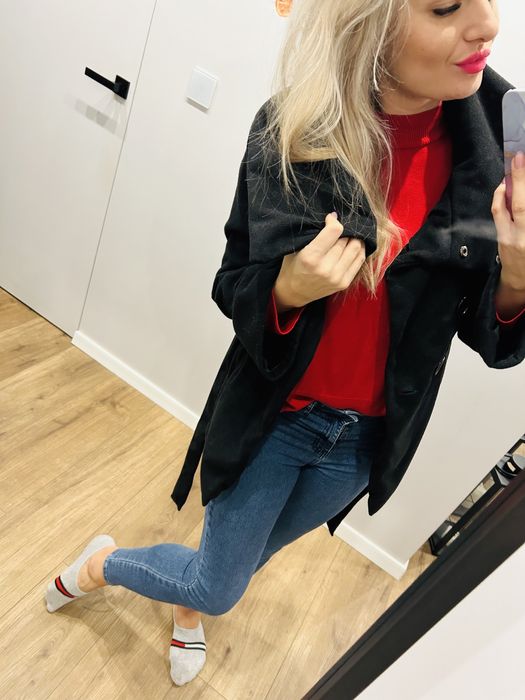 Elegancka czarna kurtka szlafrokowa M 38 duży kołnierz