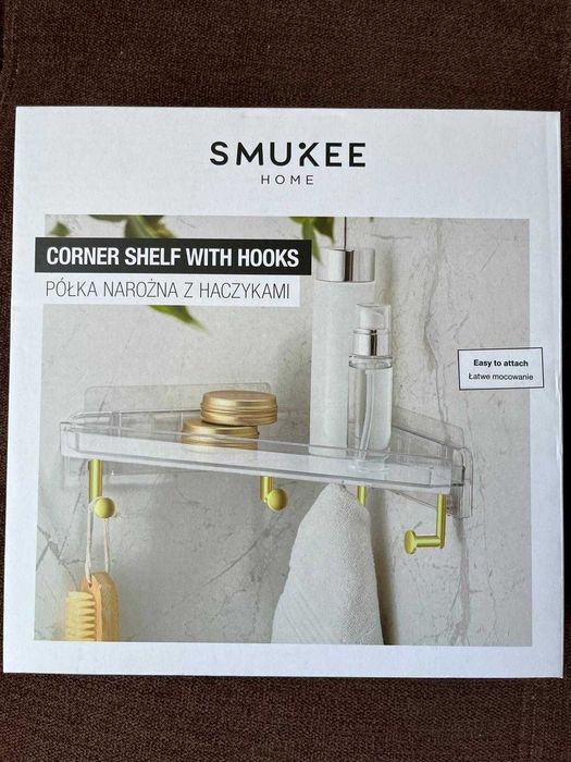 smukee półka wisząca do łazienki  narożna z haczykami dwa kolory